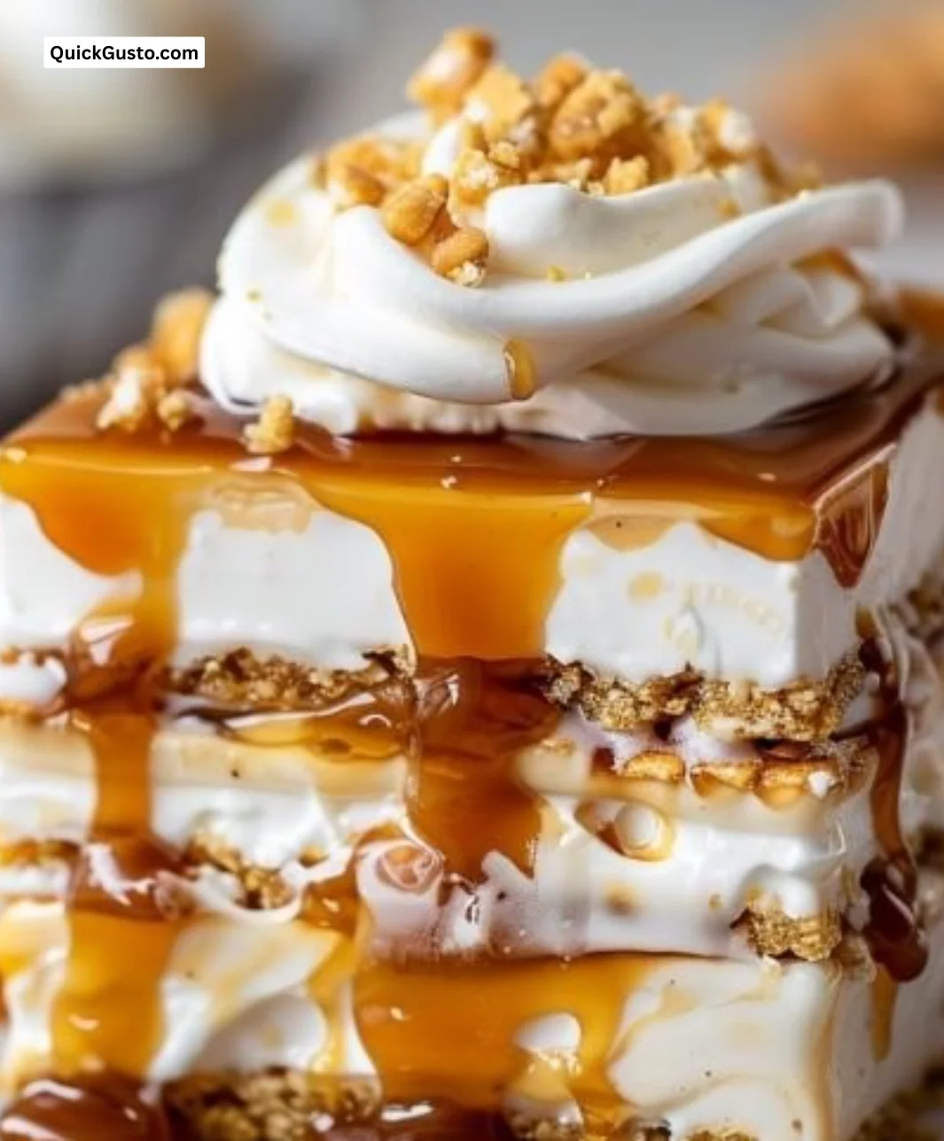 Ritz Cracker Salted Caramel Icebox Cake with layers of caramel and crackers