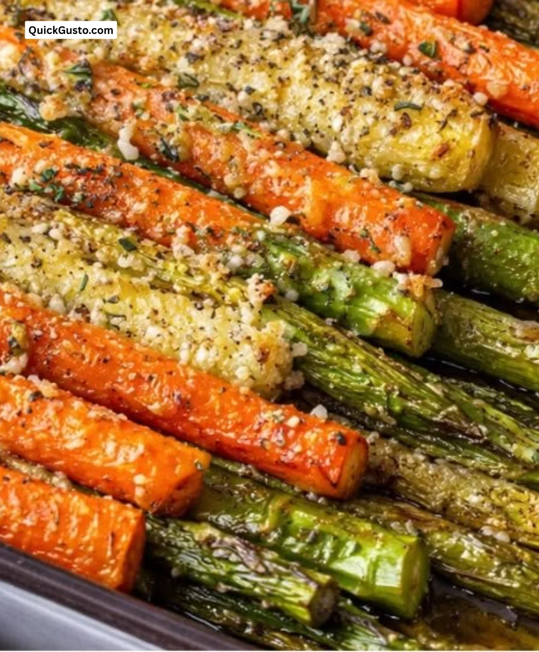 Plate of roasted asparagus and carrots garnished for a springtime meal