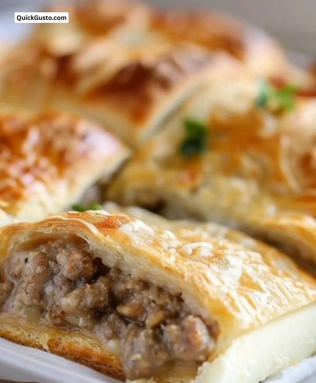 Sausage cream cheese casserole in a baking dish topped with herbs