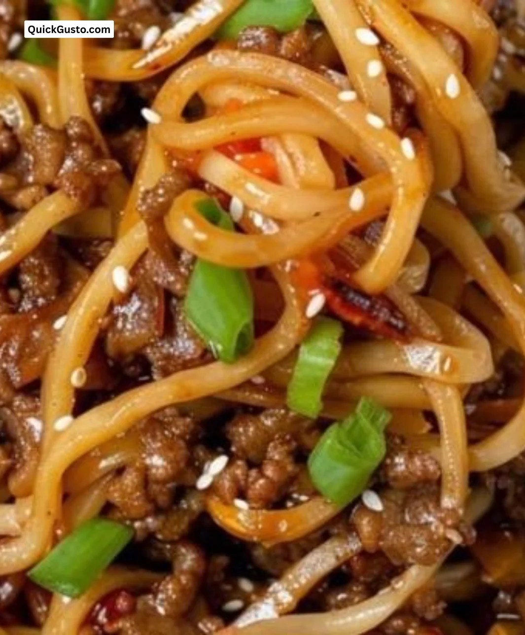 Savory Ground Beef Mongolian Noodles served with vegetables
