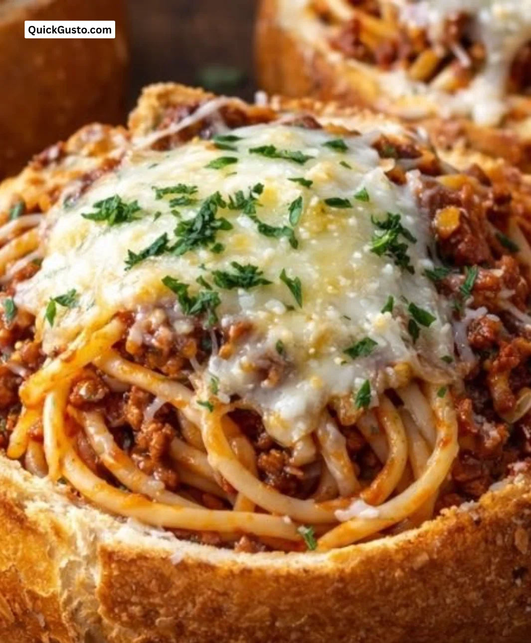 Delicious spaghetti garlic bread bowls filled with savory pasta and melted cheese.