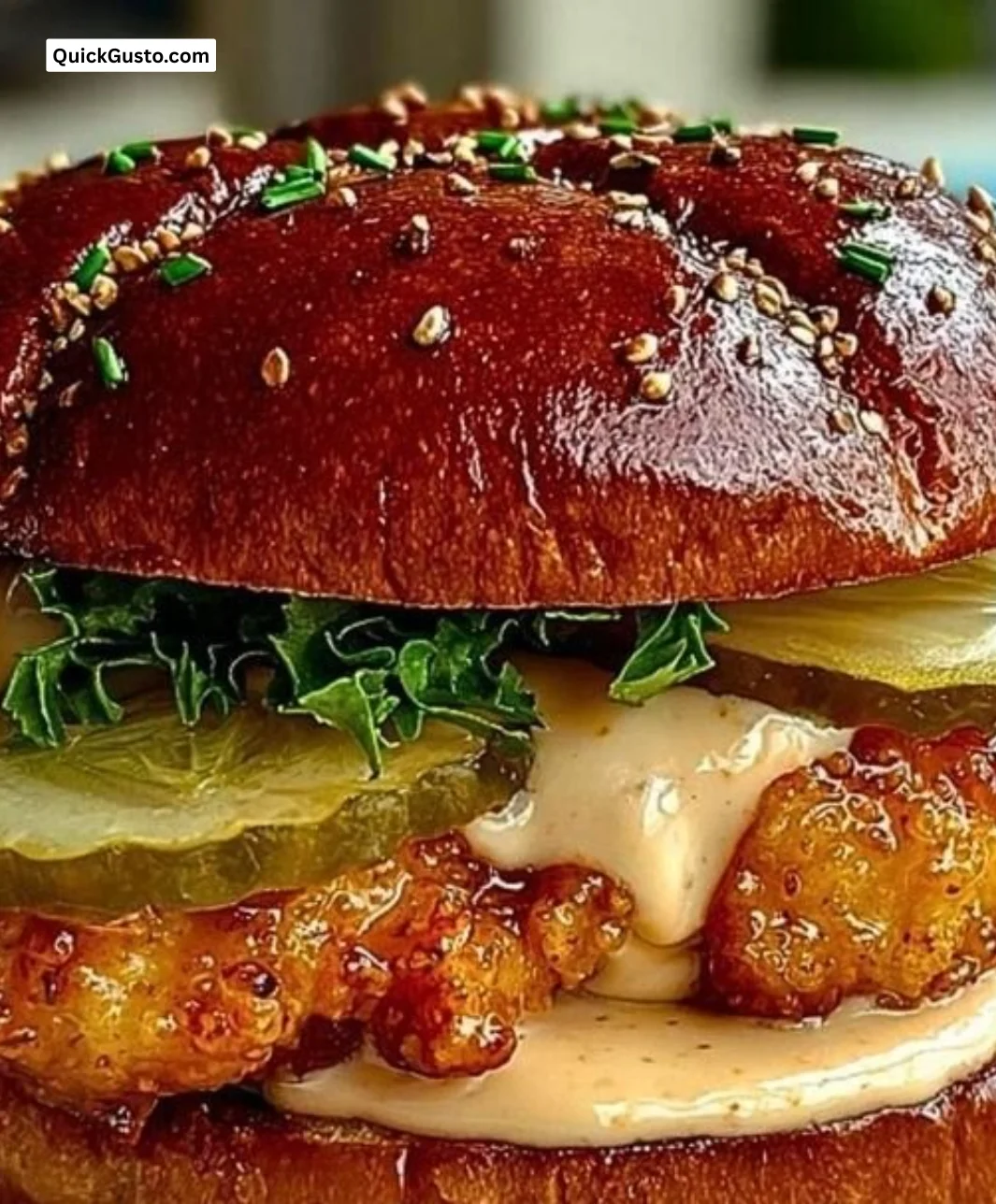 Spicy chicken sandwich with creamy homemade sauce served on a rustic plate