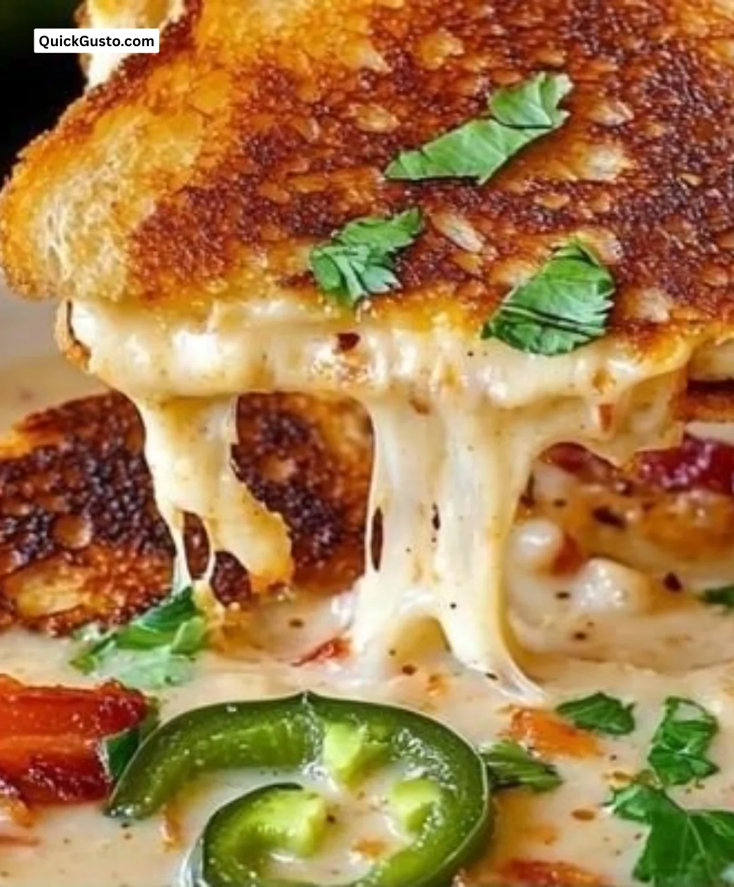 Bowl of spicy pepper soup served with a side of grilled cheese sandwich