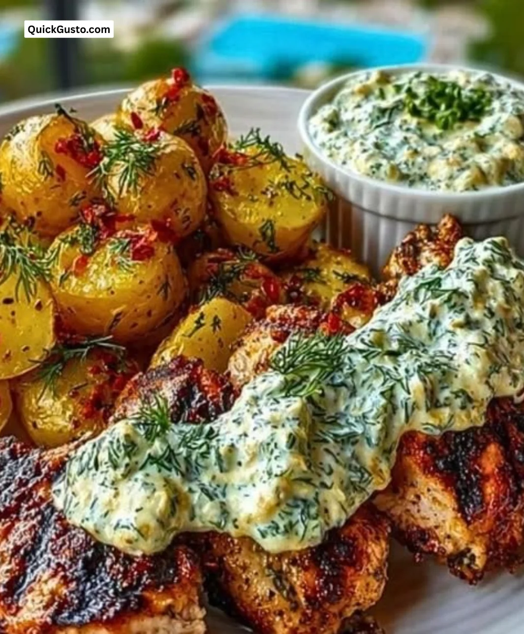 Spicy yogurt marinated chicken served with dill feta cream and crispy baby potatoes