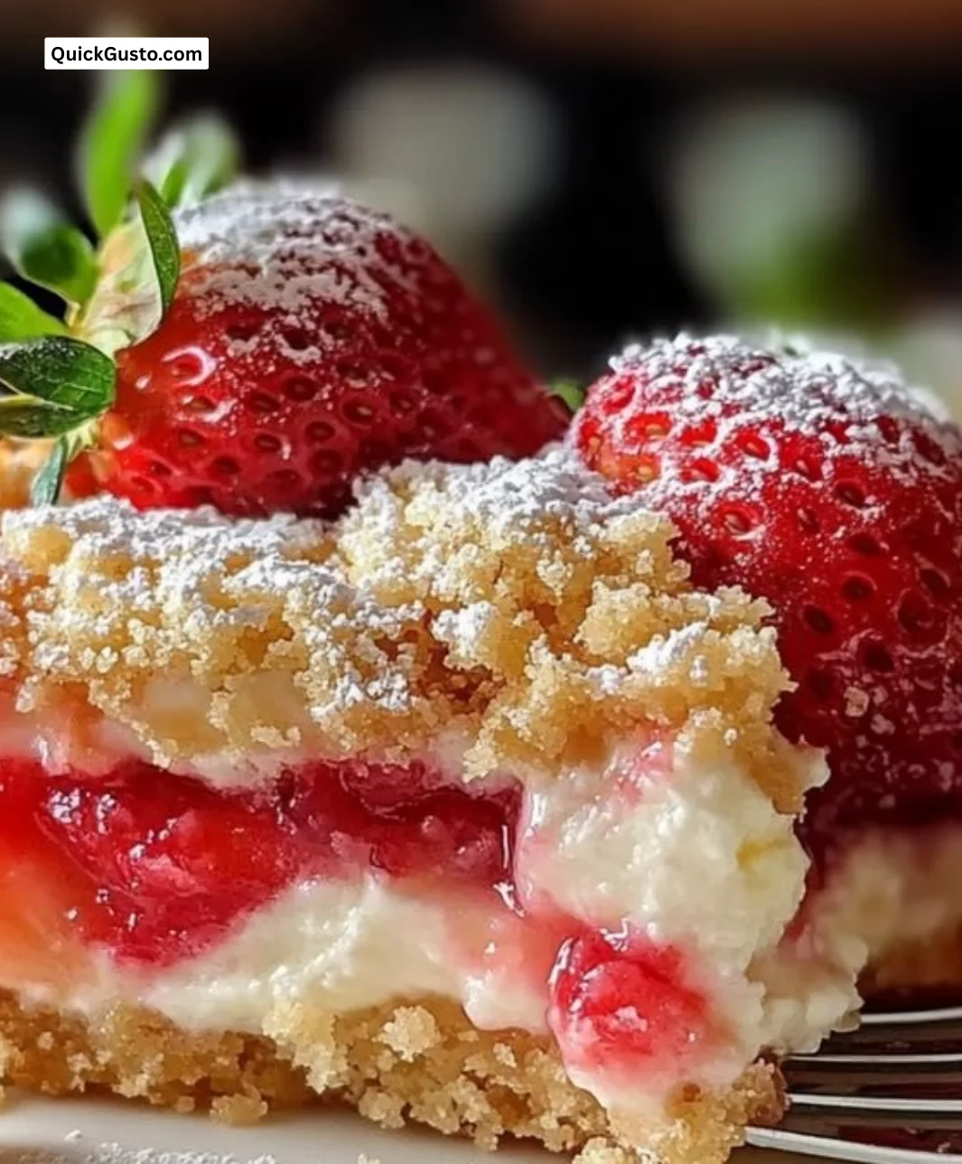 Delicious strawberry cheesecake dump cake topped with fresh strawberries.