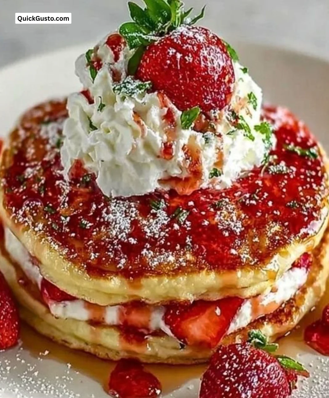 Fluffy strawberry cheesecake pancakes topped with fresh strawberries and cream
