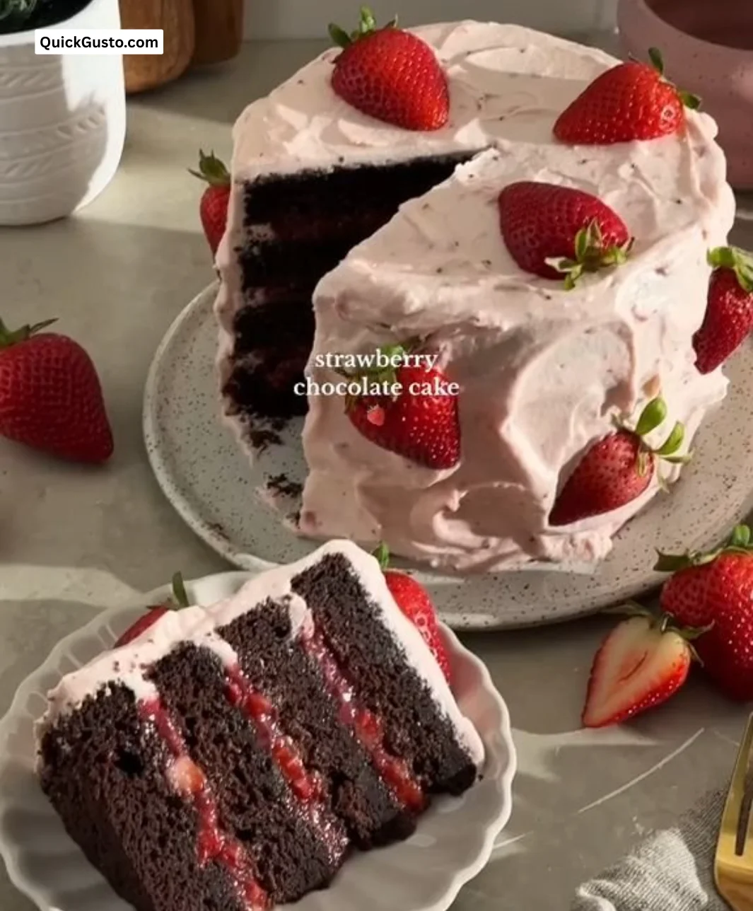 Deliciously layered Strawberry Chocolate Cake with fresh strawberries and chocolate frosting