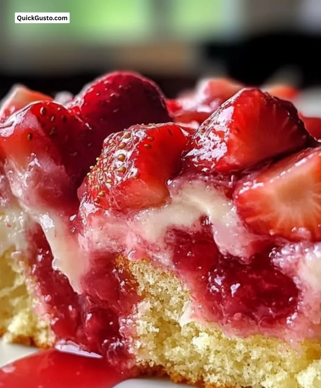 A vibrant Strawberry Earthquake Dessert featuring layers of strawberries and whipped cream.