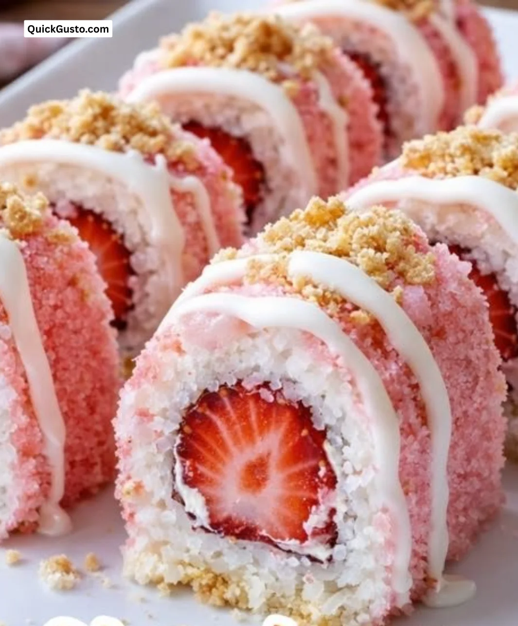 Strawberry shortcake cheesecake sushi rolls with fresh strawberries and cream.