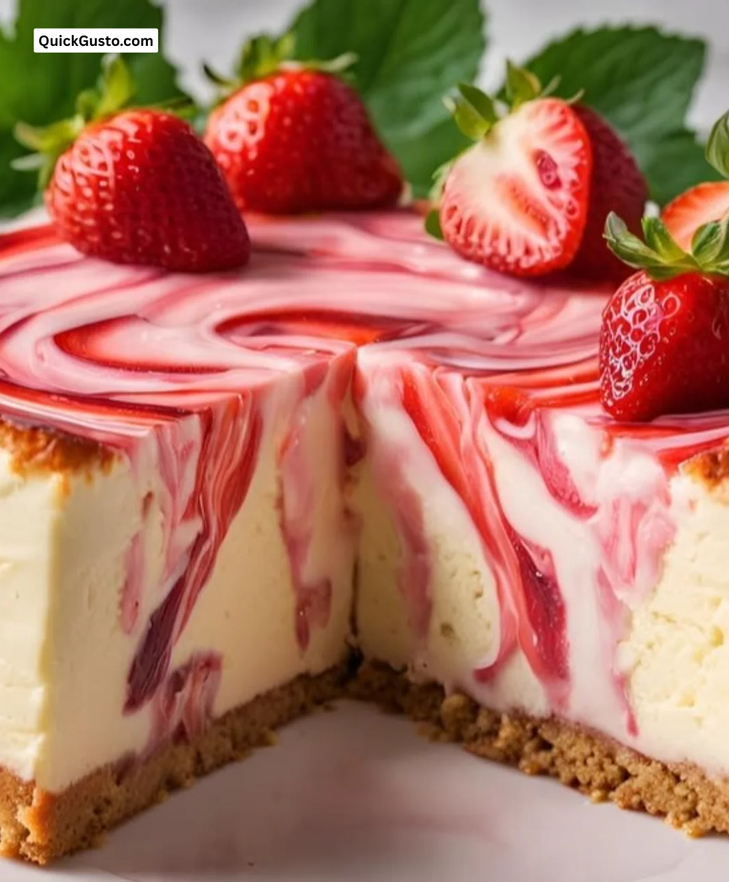 Deliciously creamy strawberry swirl cheesecake topped with fresh berries