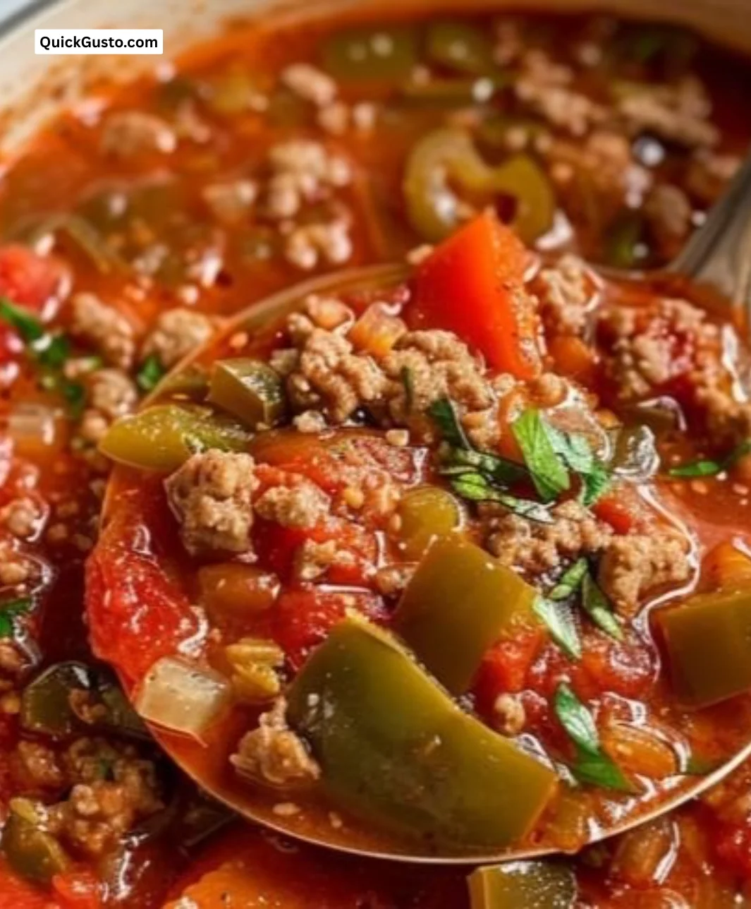 Bowl of delicious stuffed pepper soup topped with herbs and spices