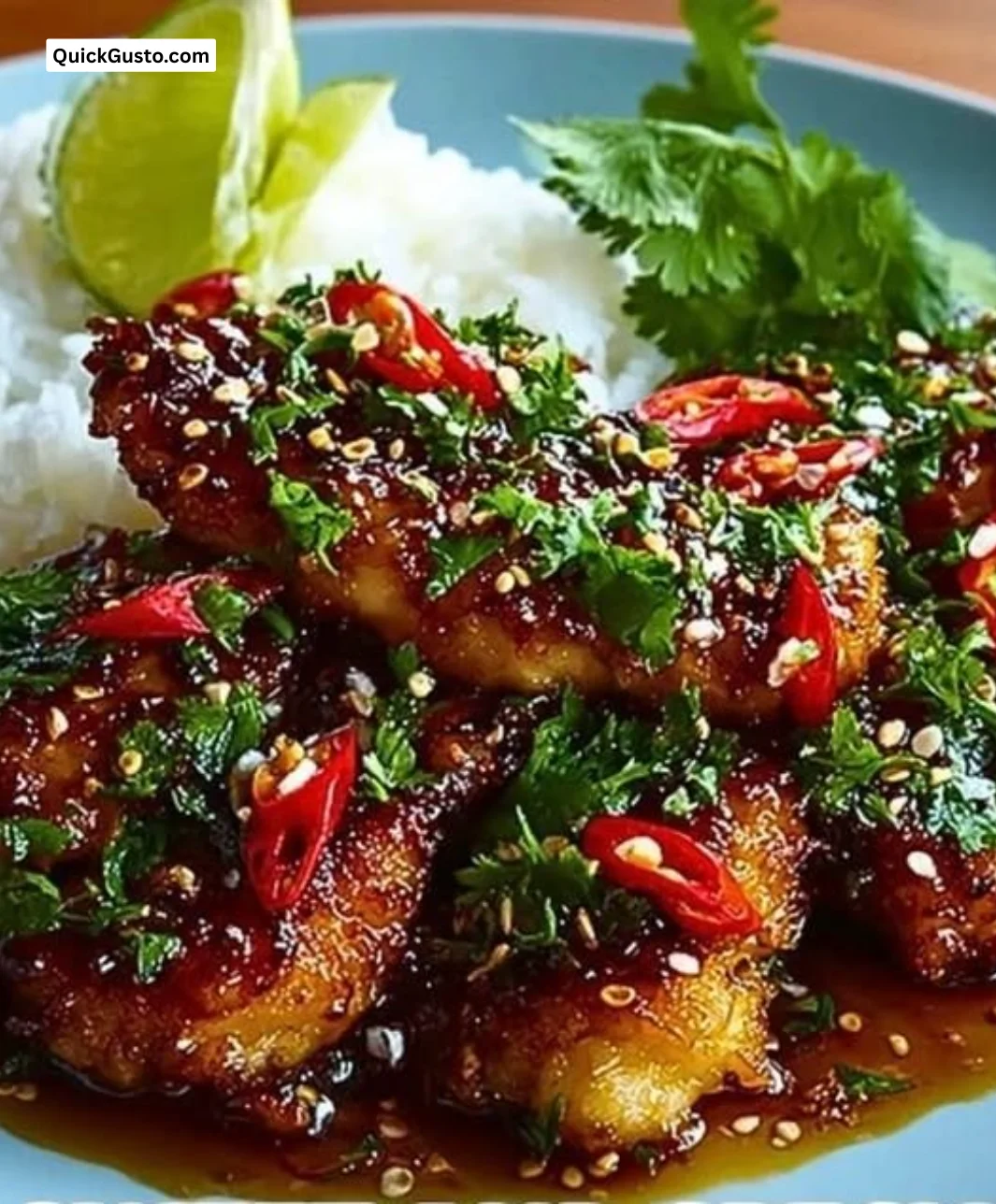 Plate of Sweet and Spicy Thai Chicken garnished with herbs