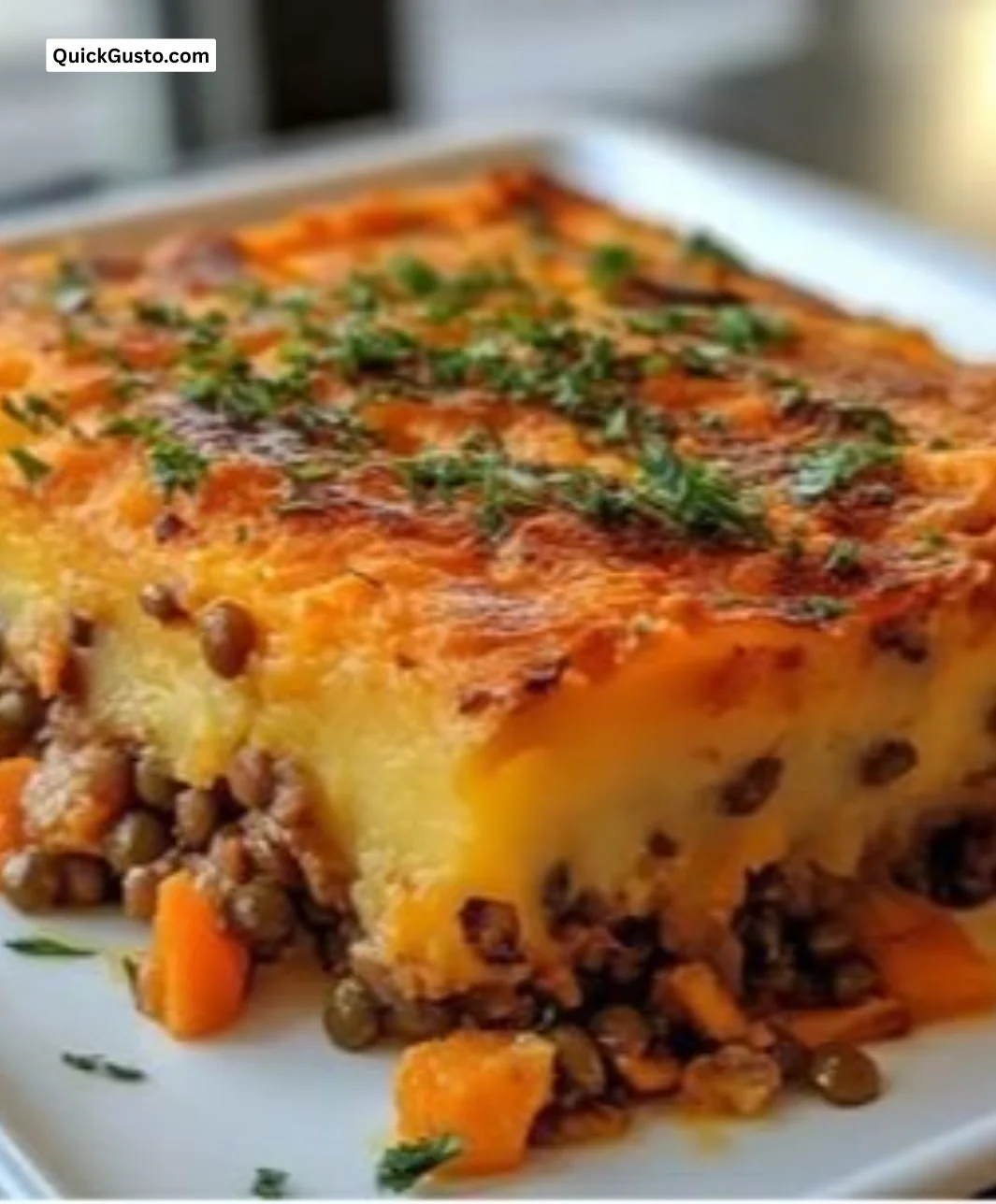 Healthy Sweet Potato and Lentil Shepherd's Pie served in a dish