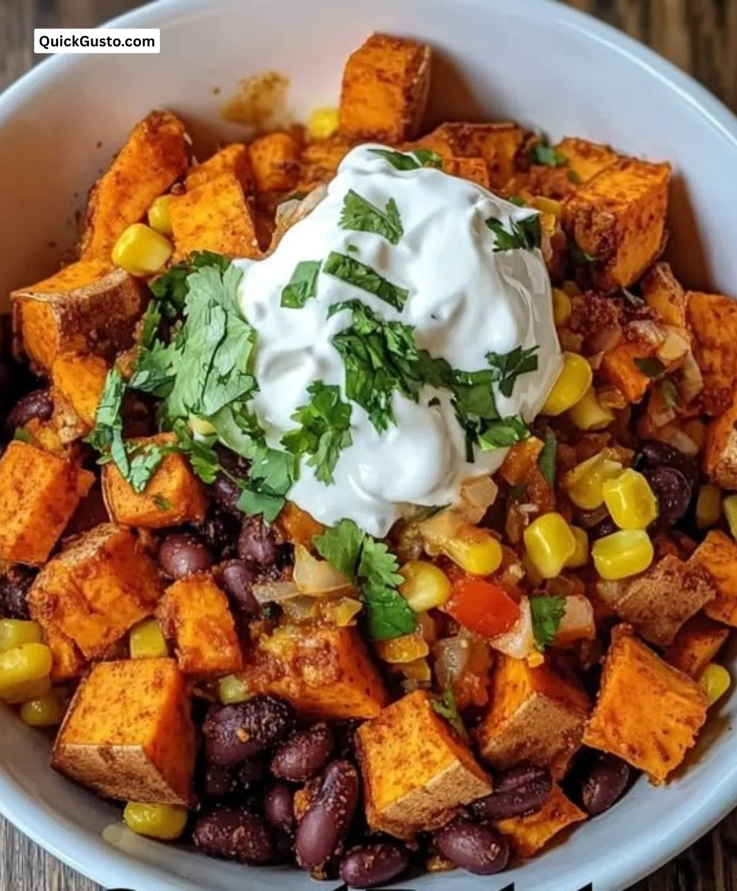 Delicious sweet potato taco bowl topped with fresh ingredients