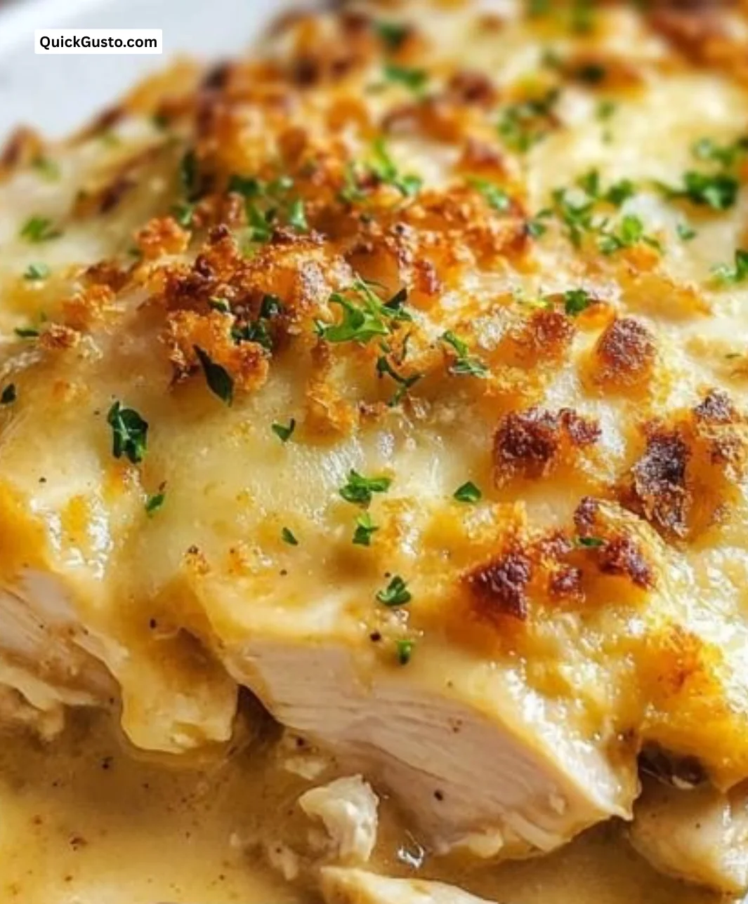 Swiss Chicken Casserole dish served with fresh herbs and cheese