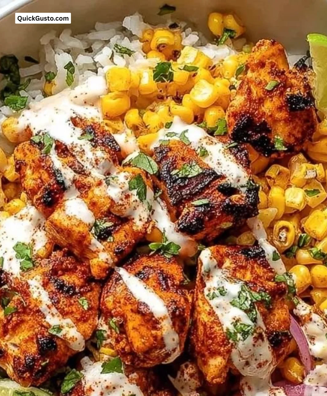 Delicious street corn chicken bowl with vibrant toppings and flavors