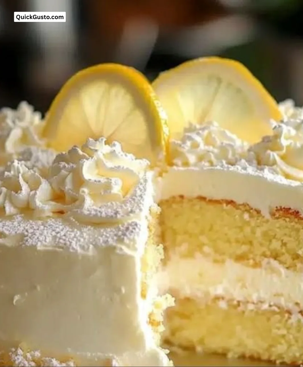 Slice of Italian Lemon Cream Cake topped with lemon zest and fresh berries