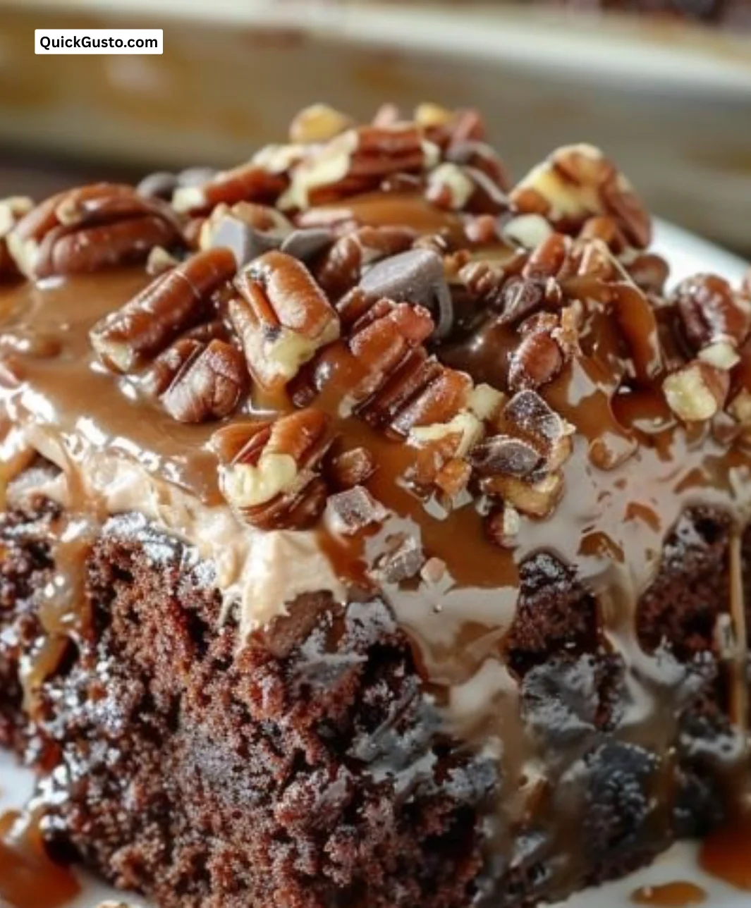 Delicious Turtle Chocolate Poke Cake topped with caramel sauce and chocolate