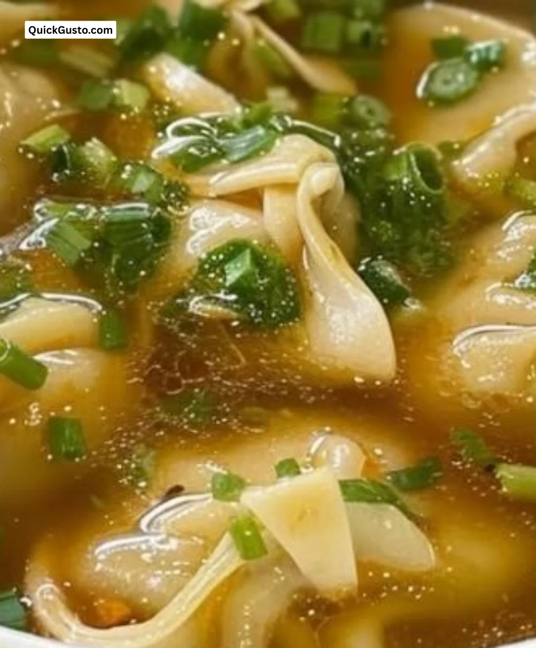 Bowl of delicious wonton soup with dumplings and green onions