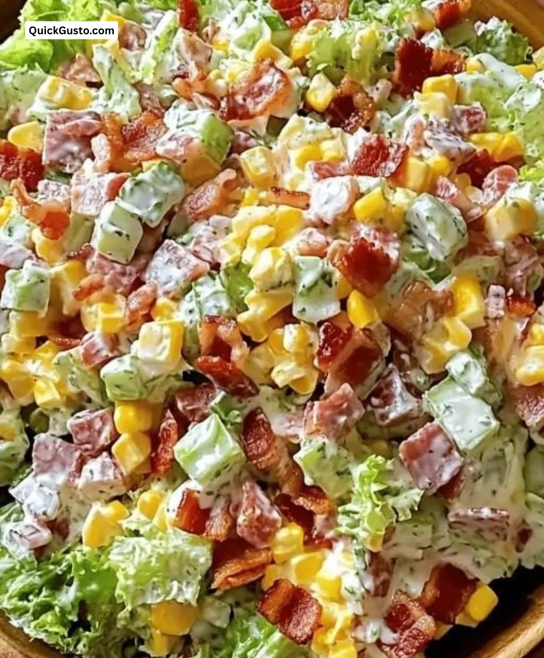Delicious Bacon Ranch Chopped Salad with crispy bacon, fresh greens, and ranch dressing.