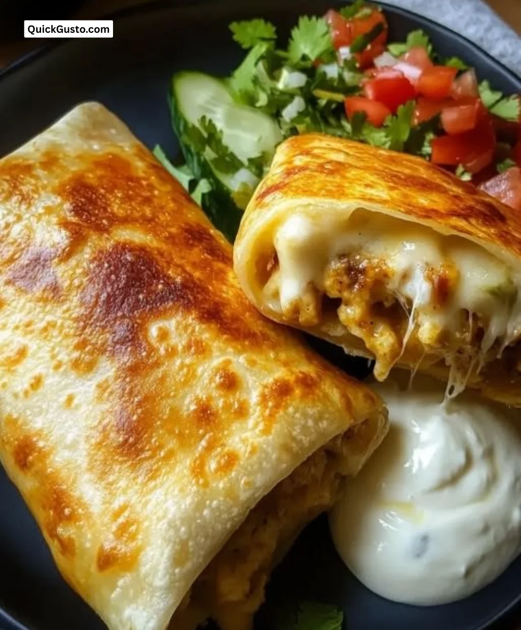 Crispy chimichangas served on a plate with fresh toppings