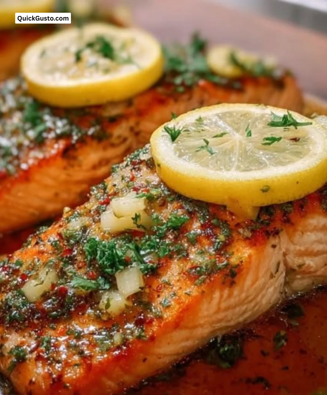Delicious baked salmon fillet garnished with herbs and lemon slices