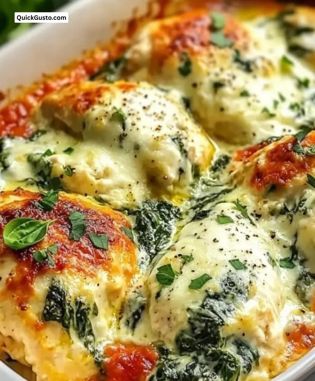 Baked spinach ricotta chicken dish served with vegetables