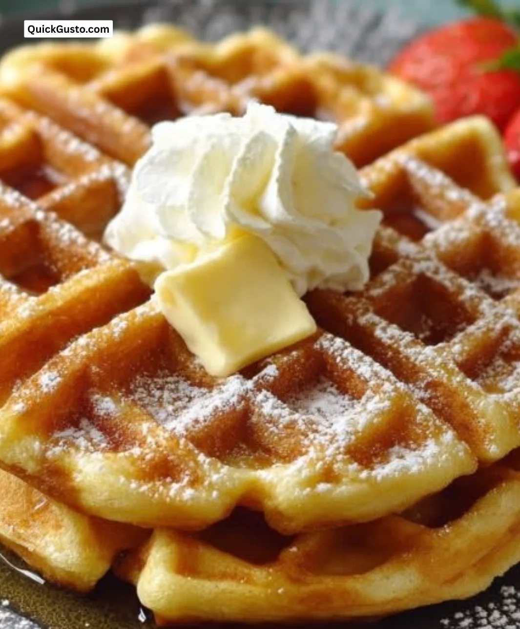 Plate of freshly made Belgian waffles topped with fresh fruits and syrup