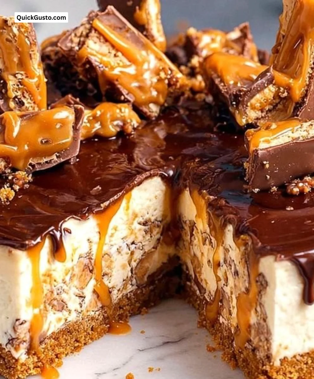 Delicious no bake Twix cheesecake topped with chocolate and caramel