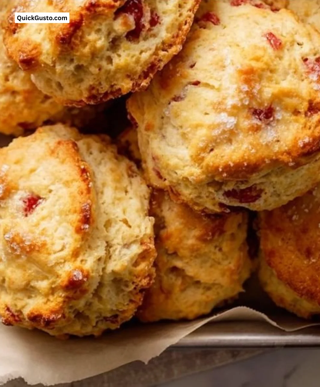 Buttery English strawberry scones served on a tea tray with fresh strawberries.