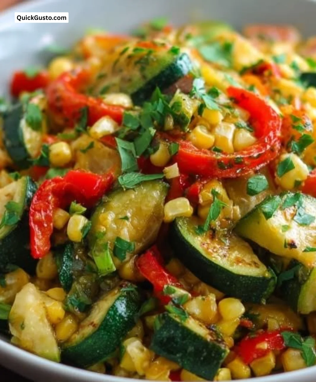 Bowl of calabacitas featuring zucchini, corn, and spices.