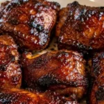 Caramelized BBQ chicken thighs served on a plate with garnish