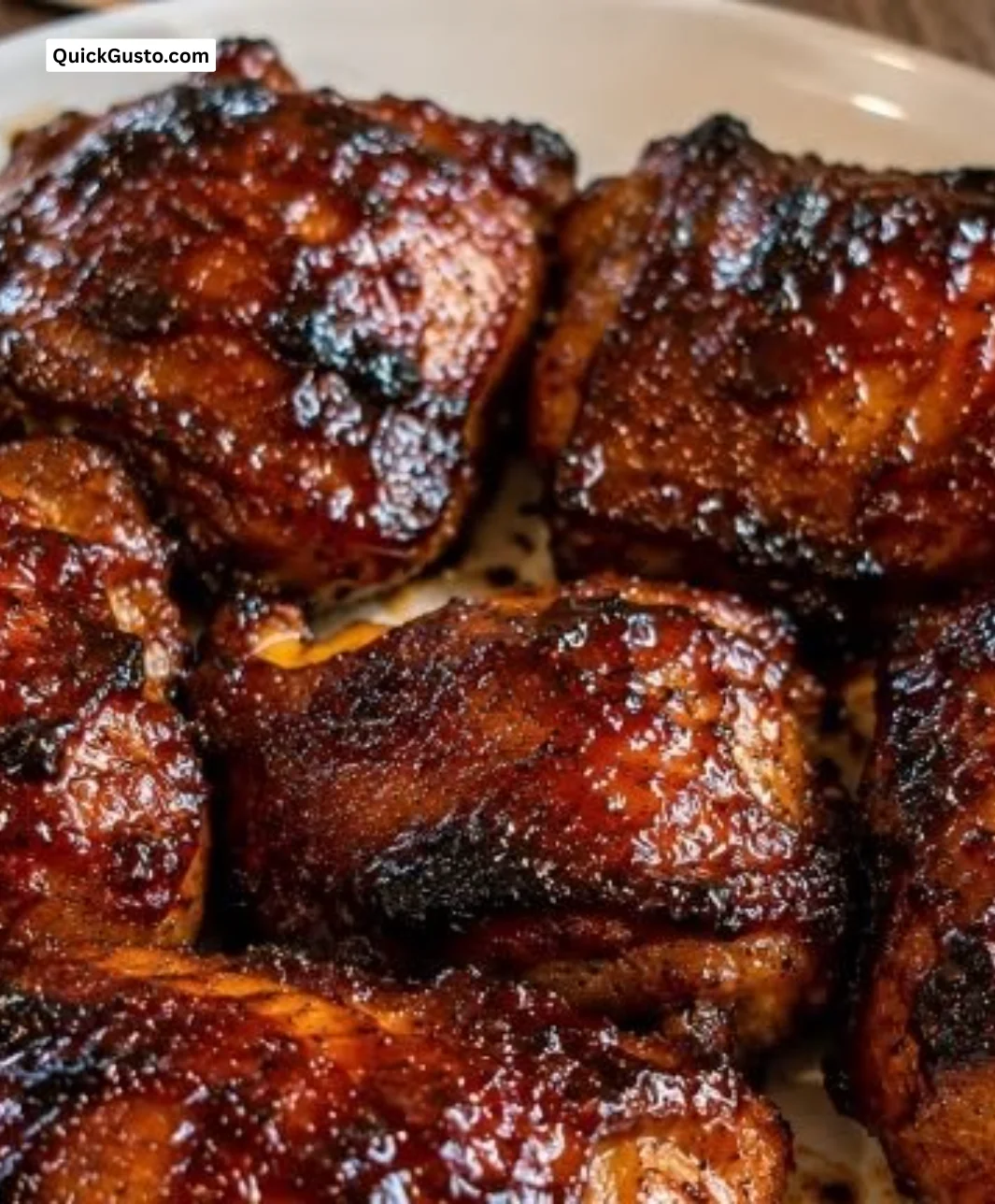 Caramelized BBQ chicken thighs served on a plate with garnish
