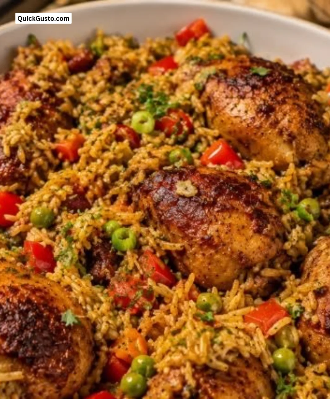 Delicious Caribbean Chicken and Rice served in a skillet, showcasing vibrant colors and flavors.