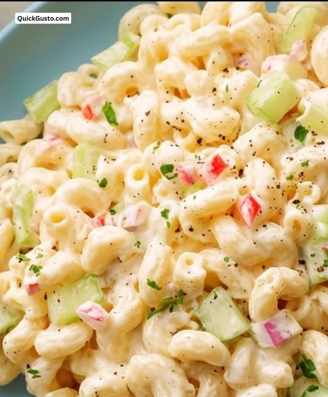 Delicious homemade macaroni salad with celery and creamy dressing
