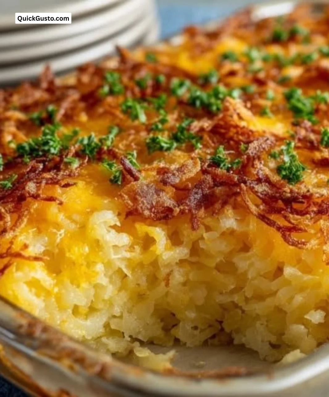 Cheesy hashbrown casserole baked to perfection, ideal for gatherings and comfort food lovers.