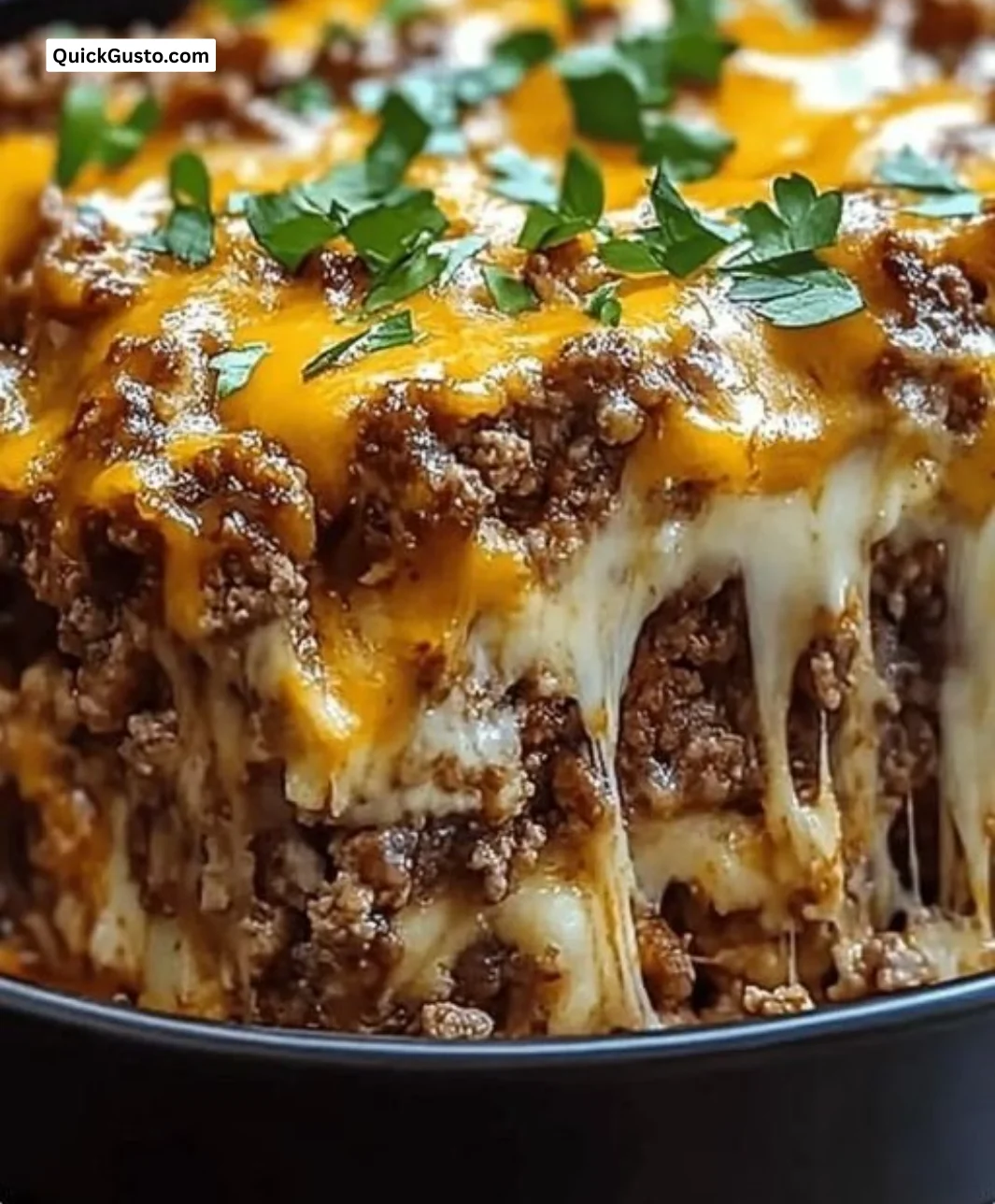 Cheesy loaded meatloaf casserole topped with melted cheese and herbs