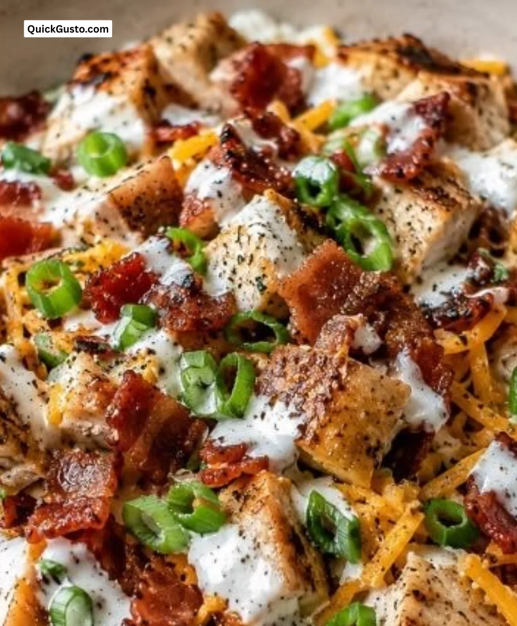 Delicious Chicken Bacon Ranch Cottage Cheese Bowl with toppings.