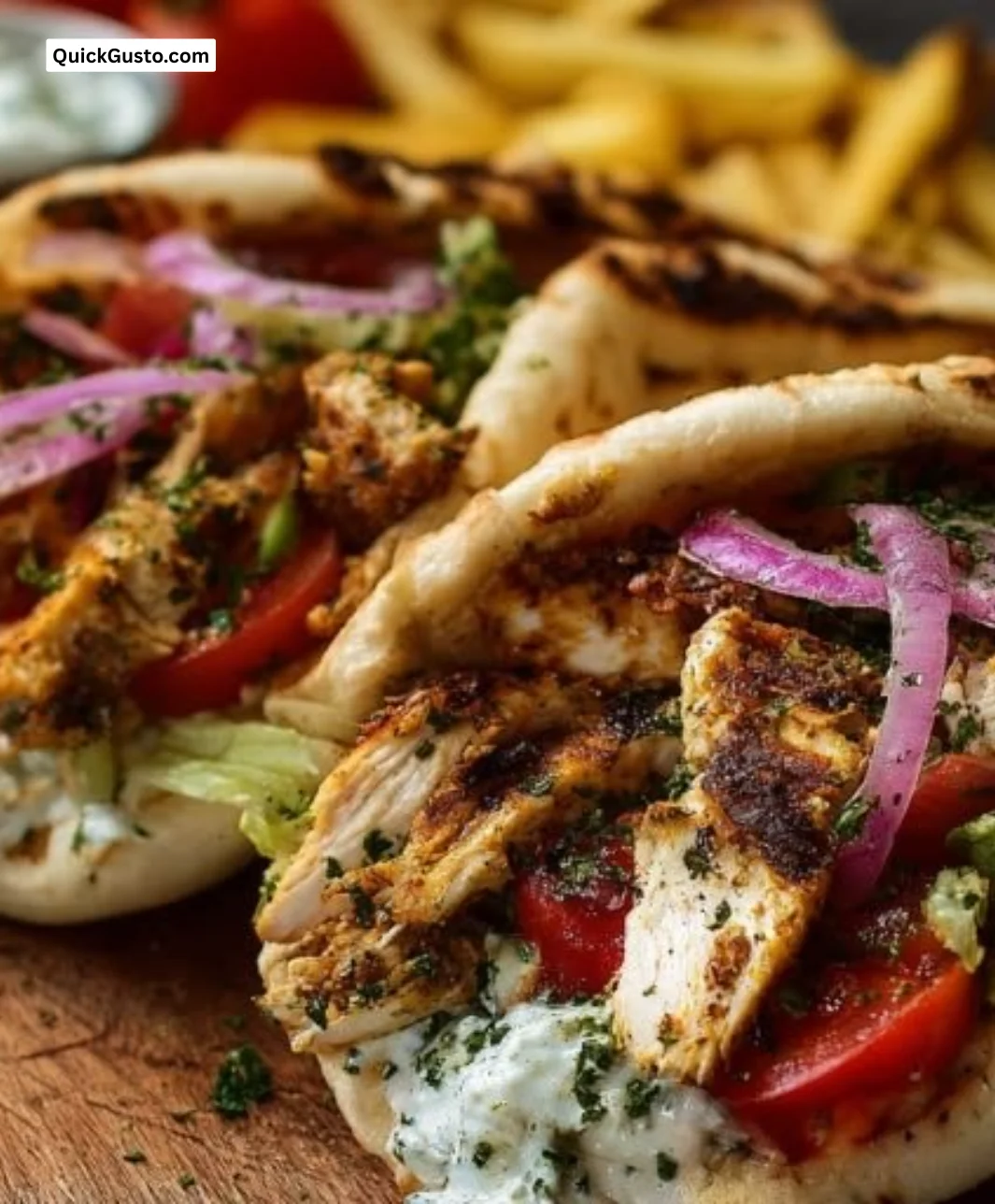 Delicious chicken gyros served with fresh vegetables and flavorful sauce.