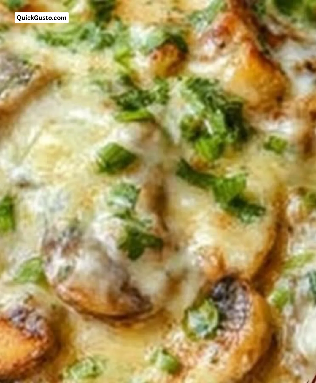 Delicious Chicken Lombardy served with mushrooms and cheese on a dinner plate.