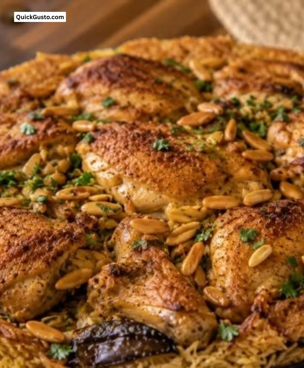 Aromatic Chicken Maglooba served in a pot, showcasing vibrant spices and vegetables.