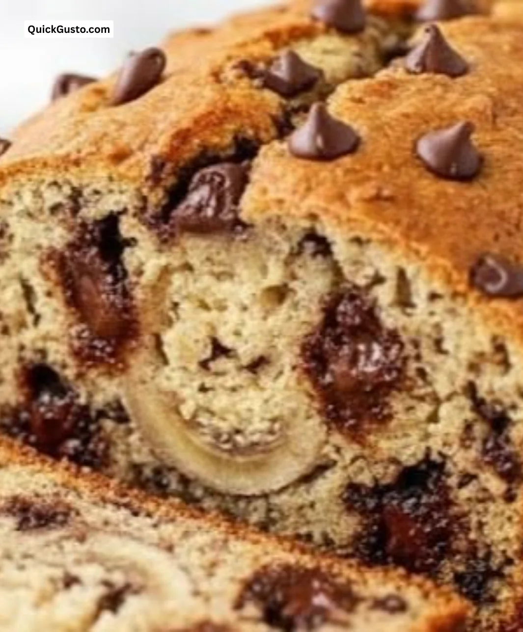 Delicious slice of chocolate chip banana bread with chocolate chunks