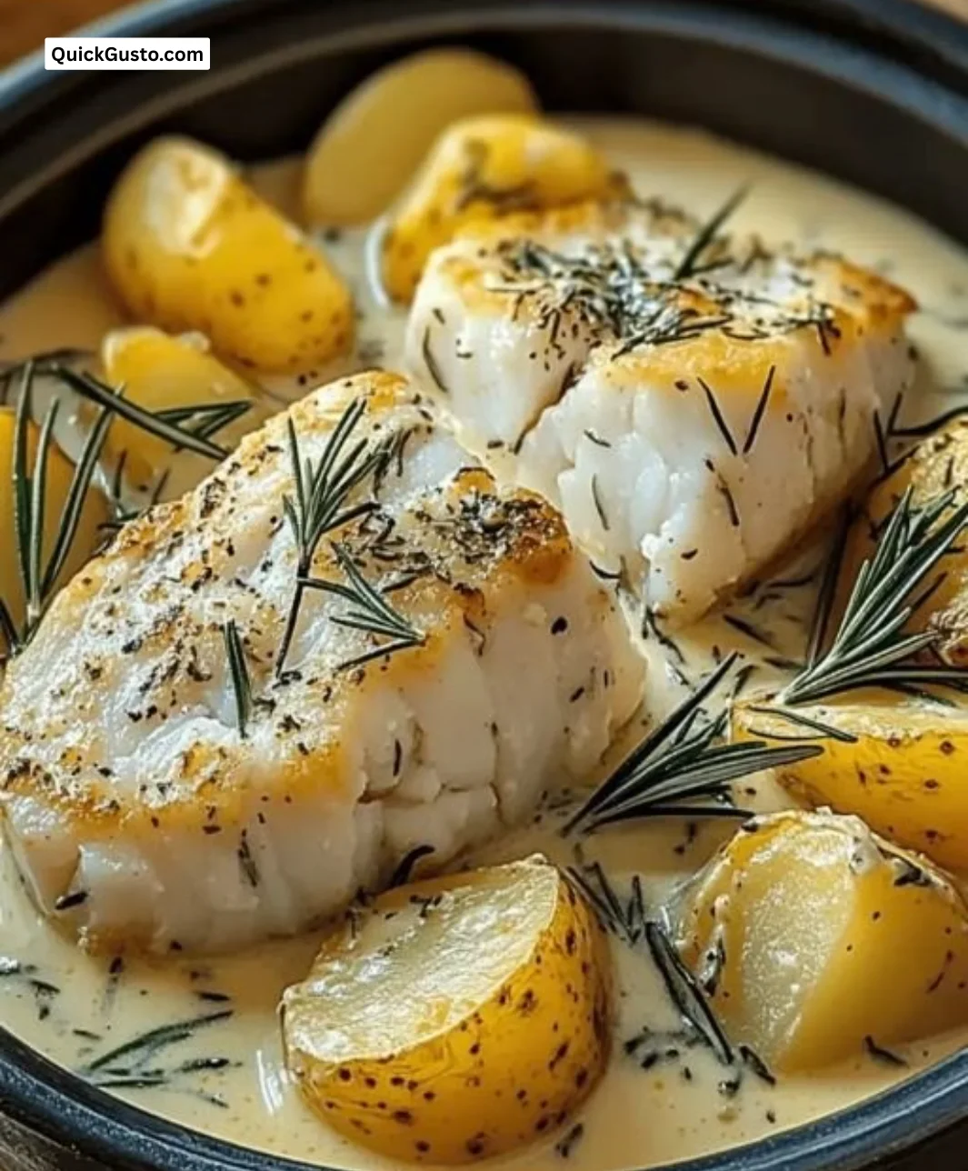 Delicious Cod & Potatoes in Rosemary Cream Sauce served in a bowl