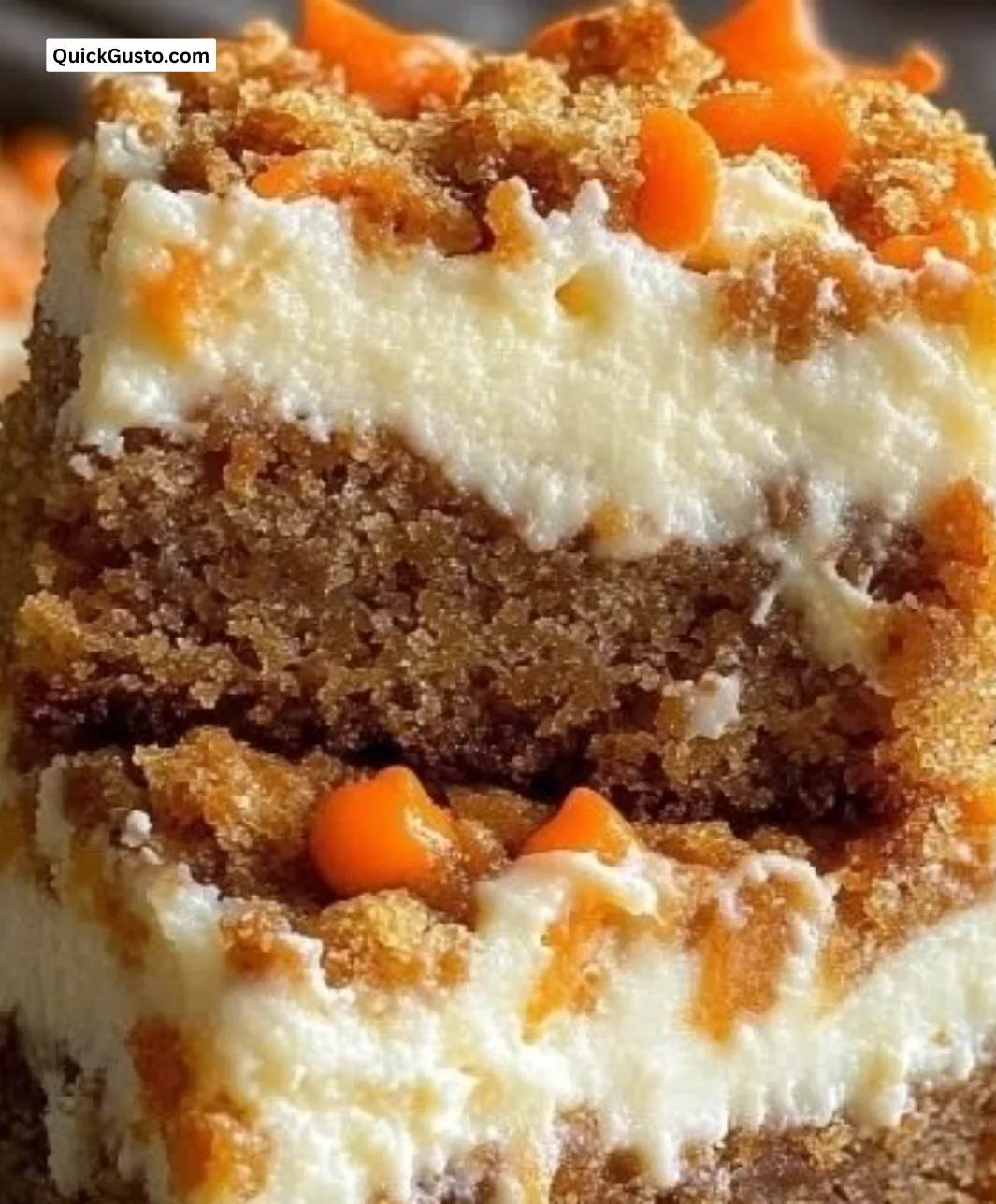 Cottage cheese carrot cake bars topped with cream cheese frosting and nuts