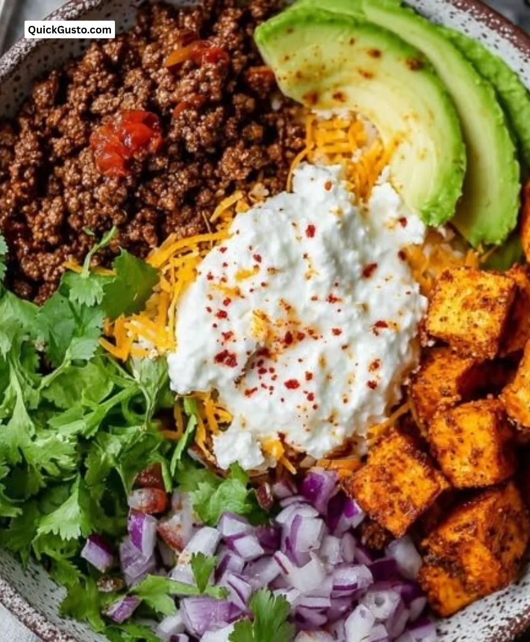 Healthy cottage cheese taco bowls topped with fresh ingredients