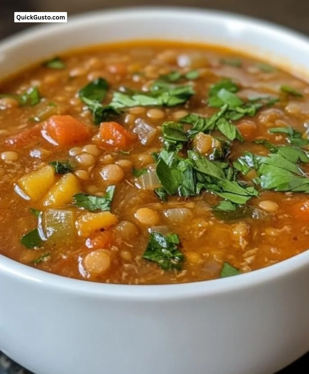 Bowl of cozy slow cooker lentil soup with vegetables and herbs