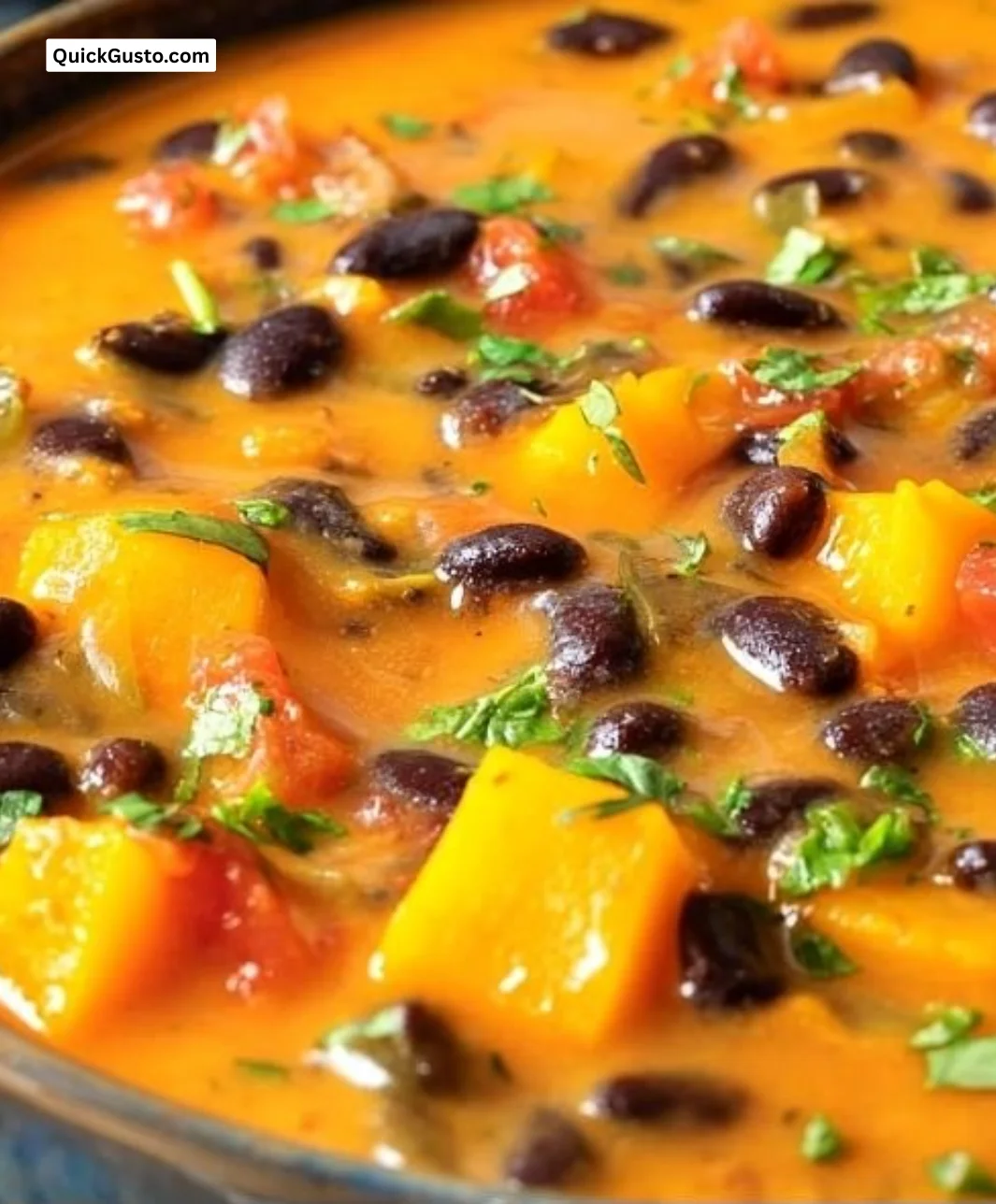 Bowl of delicious black bean pumpkin soup topped with herbs and spices