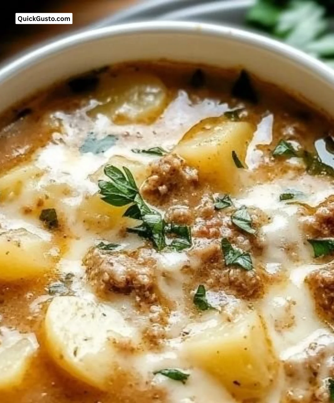 Bowls of cozy Italian sausage and potato soup served by the hearth.