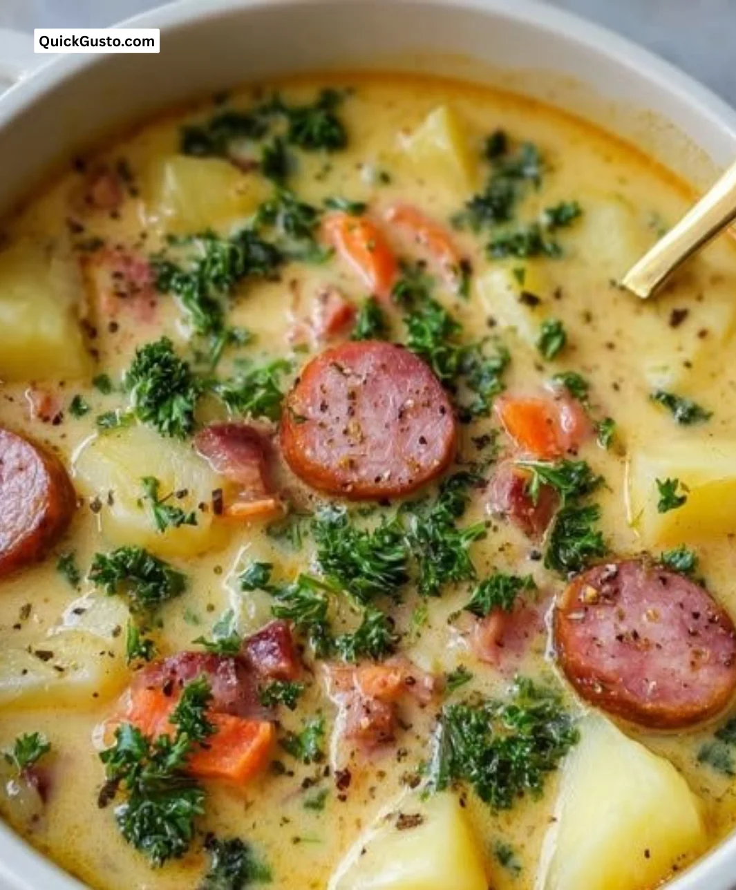Bowl of cozy Kielbasa Potato Soup with potatoes and sausage garnish