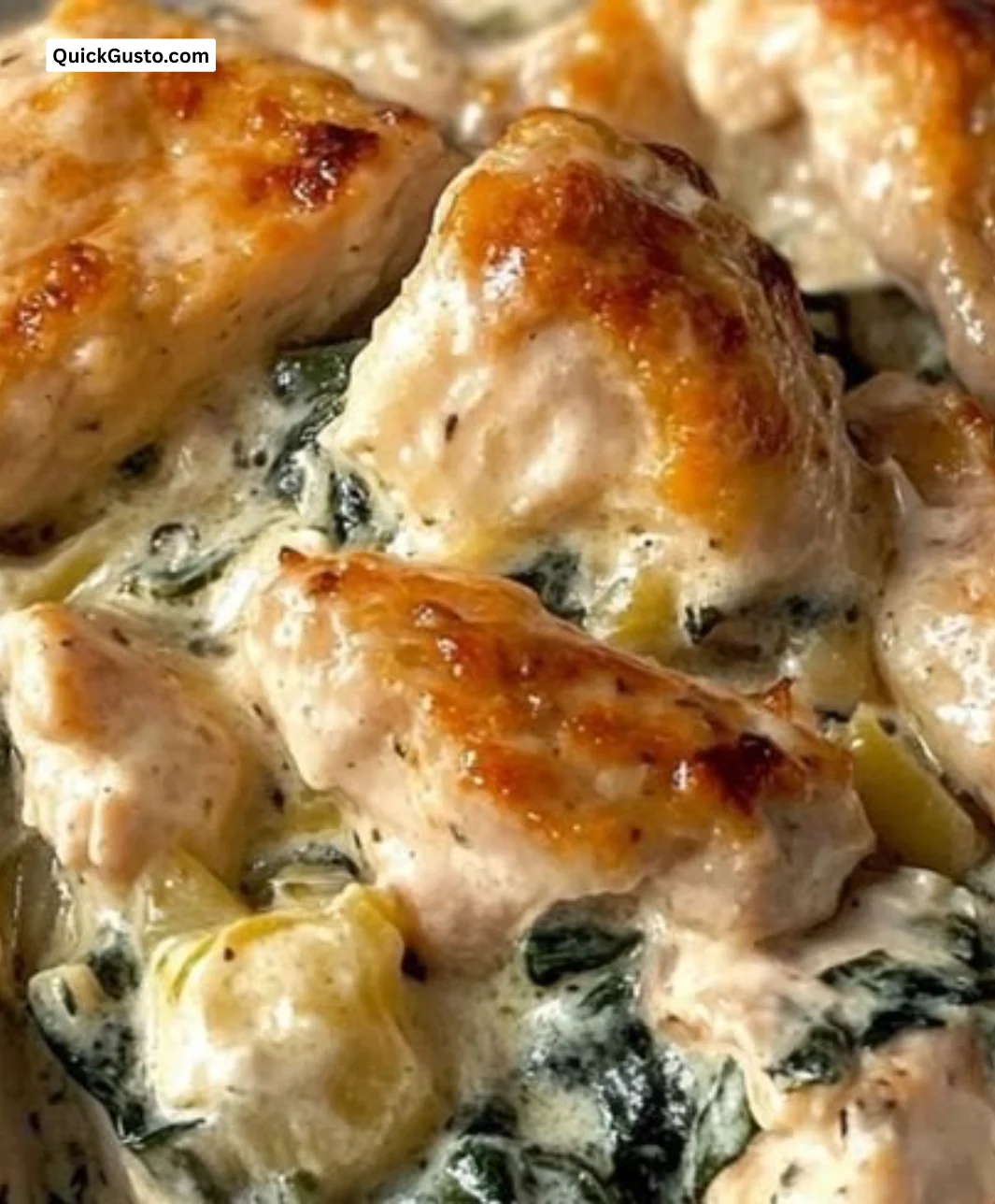 Protein-packed spinach and artichoke chicken casserole in a baking dish.